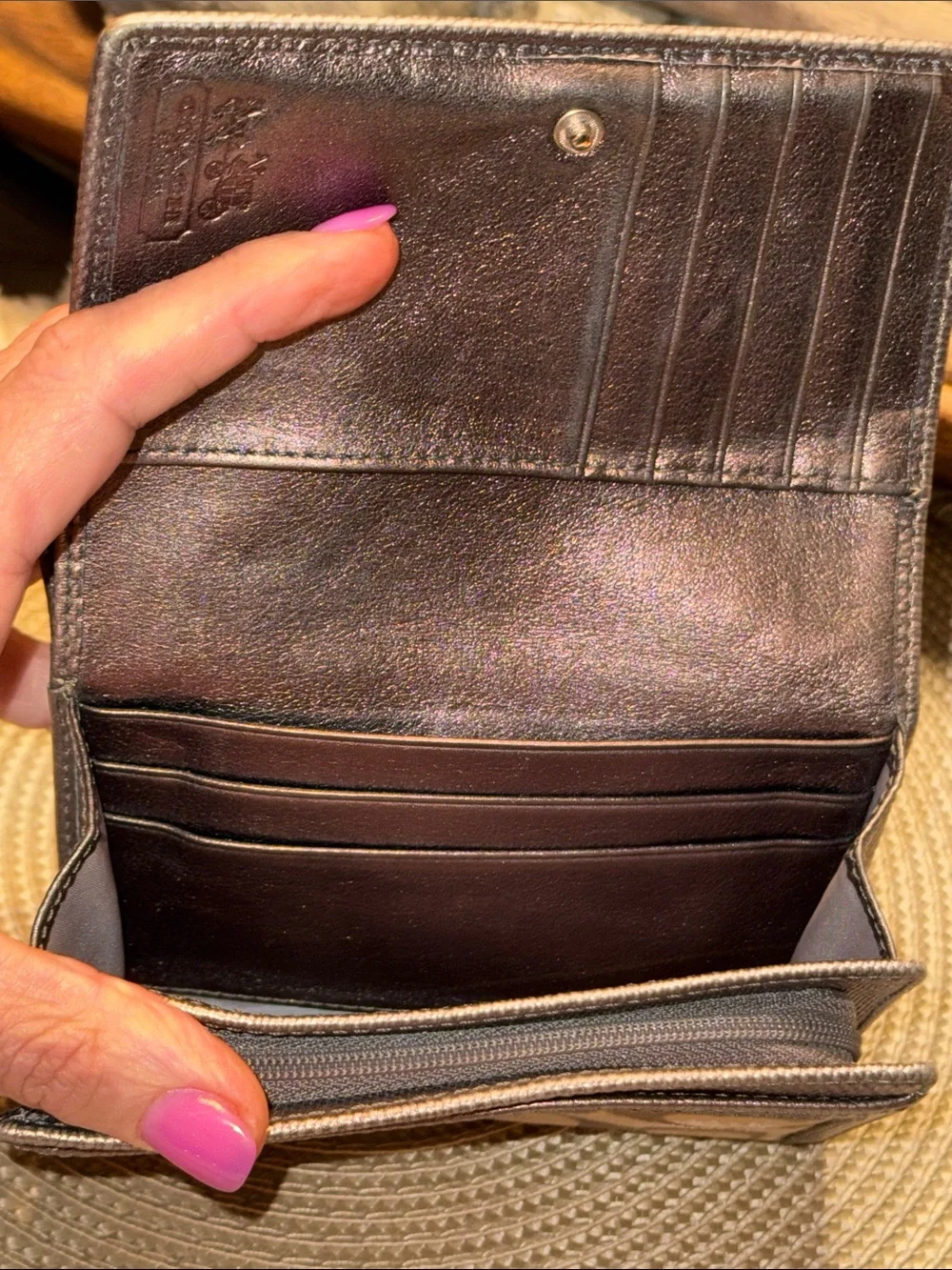 Coach Brown Signature Canvas Wallet with Metallic Bronze Trim